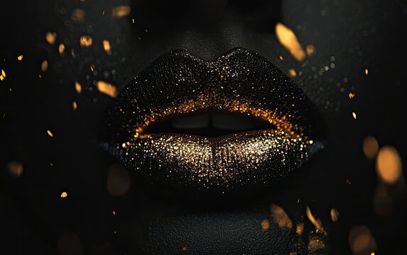 Black and gold lips with glitter, isolated on a black background, beauty fashion photography - Powered by Adobe