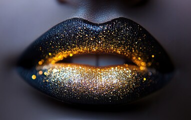 Black and gold lips with glitter, isolated on a black background, beauty fashion photography