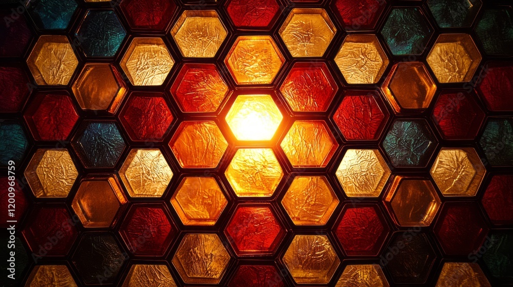 Poster a captivating blend of glowing hexagons radiates energy and warmth, showcasing vibrant reds, golds, 