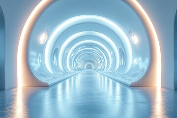 Fototapeta premium 3D render of a white, minimalistic futuristic tunnel with soft lighting and reflections, viewed from the front.