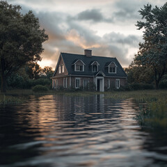 Obraz premium Unique house surrounded by floodwaters during sunset with dramatic sky