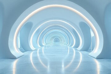 Obraz premium 3D render of a white, minimalistic futuristic tunnel with soft lighting and reflections, viewed from the front.