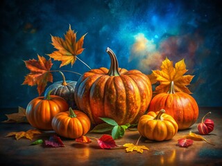 Autumn Night Still Life: Pumpkins & Leaves on Blue