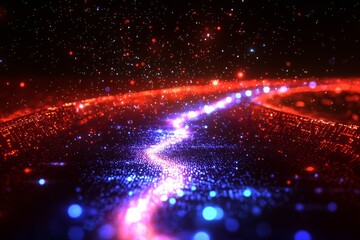 Obraz premium Abstract digital background with glowing blue and red binary code, forming an illuminated path leading to the horizon. 
