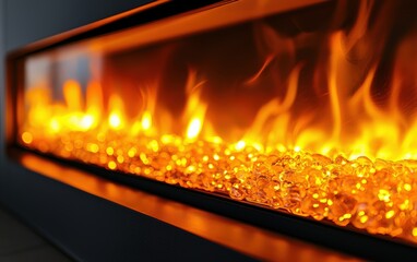 Fototapeta premium A modern electric fireplace with glowing orange flames and a sleek black frame, captured up close