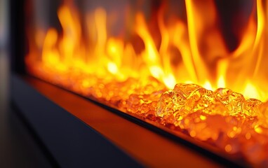 A modern electric fireplace with glowing orange flames and a sleek black frame, captured up close