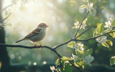 Obraz premium A small sparrow on a branch with soft morning sunlight shining through, creating a tranquil atmosphere
