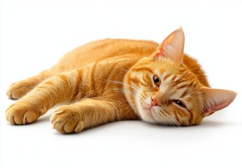 Fototapeta premium Full-body portrait of a ginger cat lying down against a white background.
