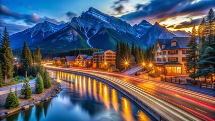Obraz premium Banff Downtown Night Lights Long Exposure Photography