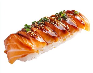 Delicious grilled salmon sushi topped with teriyaki sauce, sesame seeds, and green onions.