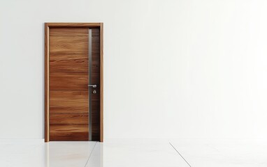 A stylish modern wooden entrance door with polished metallic accents, placed against a white background