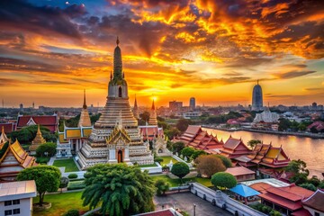 Naklejka premium Bangkok Skyline & Wat Arun: Iconic Thai Landmark at Sunrise, Travel Photography