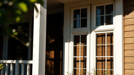 Fototapeta premium Sunlit Modern Home Exterior: White Windows and Brown Siding. A picture of a beautiful house exterior showcasing architectural details and natural light.