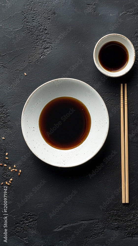 Poster a serene dining setup features a white plate filled with rich dark soy sauce, accompanied by a small