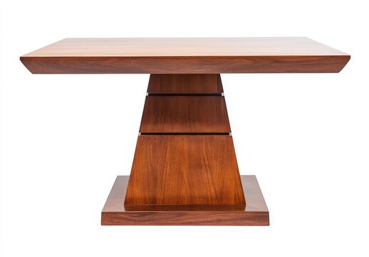 Modern square wooden table with unique tiered pedestal base.