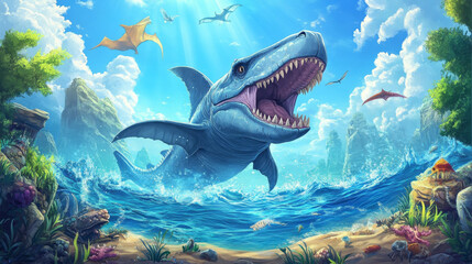 Underwater sea dinosaurs, kids education diploma. Vector school or kindergarten paleontology courses certificate with cartoon megalodon, elasmosaurus, archelon, liopleurodon, ichtiosaurus, kronosaurus