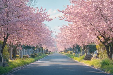 Naklejka premium Elegant street lined with blooming cherry blossom trees, leading to a cemetery with graves, clear sunny sky and green grass on both sides.