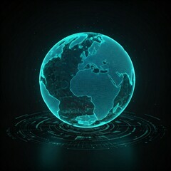 Obraz premium futuristic digital globe hologram with a circular interface on a black background