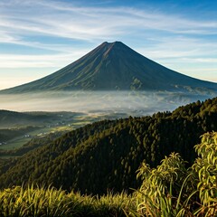 Fototapeta premium green lush forest surrounding a tall mountain peak in the fog