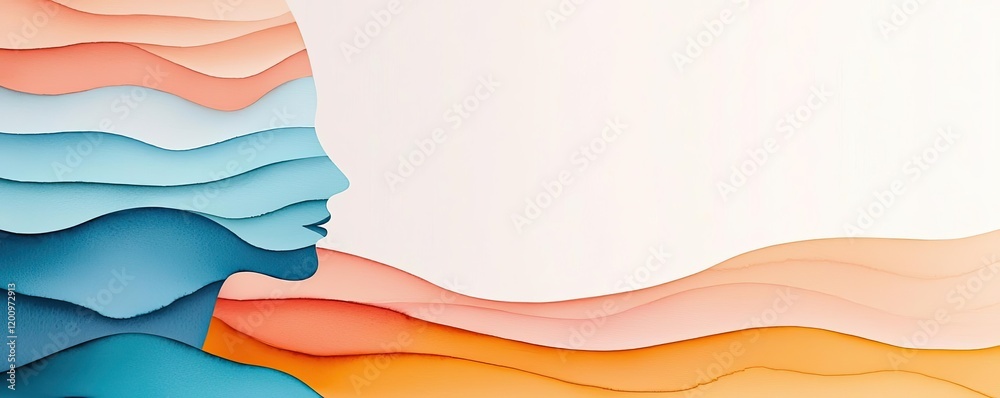 Poster Minimalist watercolor idea. Abstract illustration of a profile with flowing layers representing thoughts and emotions.