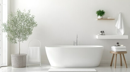 Fototapeta premium Modern bathroom with freestanding tub, greenery, and minimalist decor