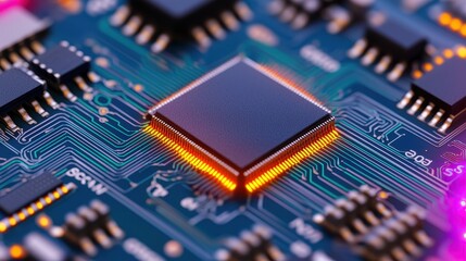 Obraz premium Close-Up of Circuit Board with Microchip and LED Lights Illuminating
