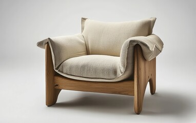 A neutral sand-colored armchair with soft cushions and a sturdy wooden frame, set on a white surface