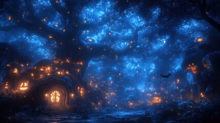 Fototapeta premium Enchanted Forest Village at Night with Glowing Treehouses and Mystical Lights