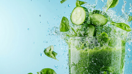 Fresh green smoothie with cucumber and spinach splashing in glass, creating refreshing and vibrant scene. Perfect for health enthusiasts and summer vibes