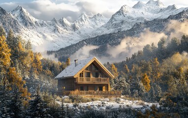 Fototapeta premium A cozy wooden cabin nestled in the mountains, with snow-covered peaks and misty forests surrounding it