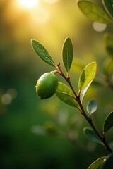 Olive leaves glisten with dew as morning sun casts a warm glow on the scene, sunlight, morning