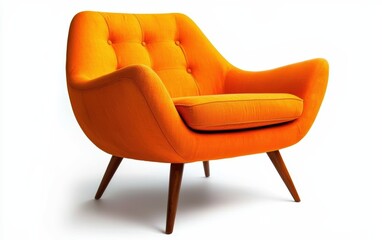 A vibrant orange mid-century modern armchair with sleek wooden legs, isolated on a bright white background