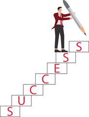 Businessman Building Success Stairs with Giant Pencil in Hand