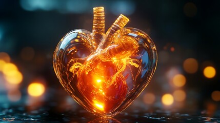 Fototapeta premium A glass heart anatomical illustration showing transparent chambers and veins with a soft light source creating a glowing effect