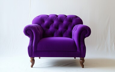 A vibrant purple armchair with a bold, tufted backrest and a soft fabric finish, on a white backdrop