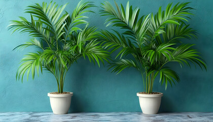 Obraz premium Teal wall, potted palms, interior design