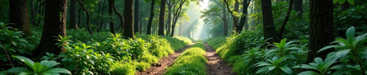 Fototapeta premium Overgrown dirt road snaking through a primeval forest, trees, wild, underbrush