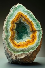 Geode; green, white, and orange crystal layers.