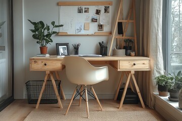 Scandinavian-style desk with light wood, storage drawers, open cabinet, easel, and artwork, featuring office supplies and natural textures.