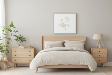 Modern bedroom with wooden furniture, neutral colors, and plants