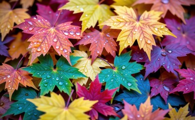 A vibrant collection of colorful autumn leaves with glistening water droplets showcasing a spectrum