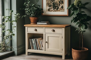 Cream sideboard with light oak top, framed artwork, books, magazines, and plant pot in a modern home interior design.