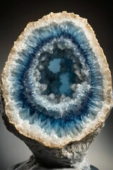 Polished geode, blue and white crystal layers.