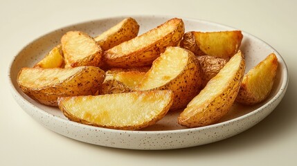 Crispy potato wedges on plate, studio shot, beige background, food photography