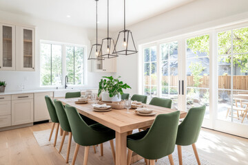 Modern dining room with wooden table, green chairs, and natural light