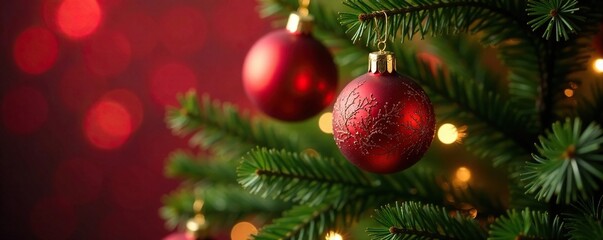 Fototapeta premium Red and gold ornaments hang from a Christmas tree branch, tree ornaments, red gold christmas tree ornaments, golden accents