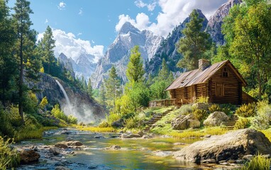 Fototapeta premium A rustic cabin by a mountain stream, with rocky cliffs in the background and lush greenery around