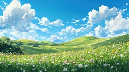 Fototapeta premium Summer Meadow Landscape: Vibrant Green Hills and Blooming Flowers Under a Sunny Sky