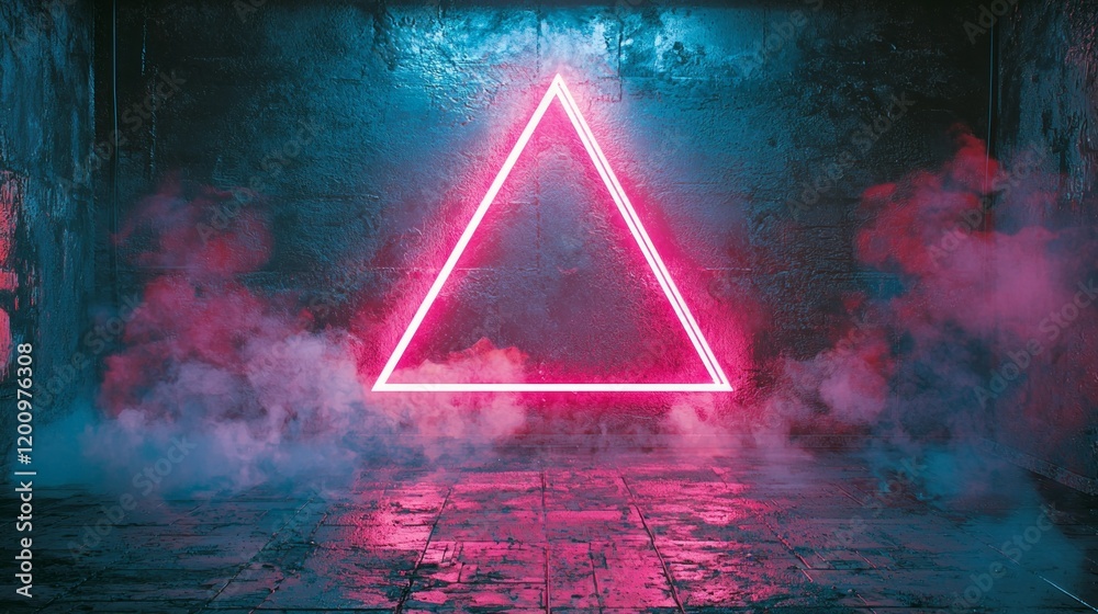 Poster a striking neon triangle illuminates a dark and smoky tunnel, casting mesmerizing reflections on the