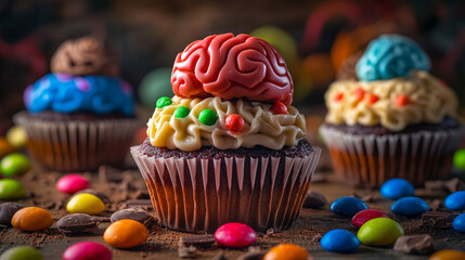 Tasty candy in shape of cupcake topped by human brains isolated realistic icon. Vector Halloween holiday bakery, pink tasty chocolate treat with green glaze. Confectionery food dessert closeup